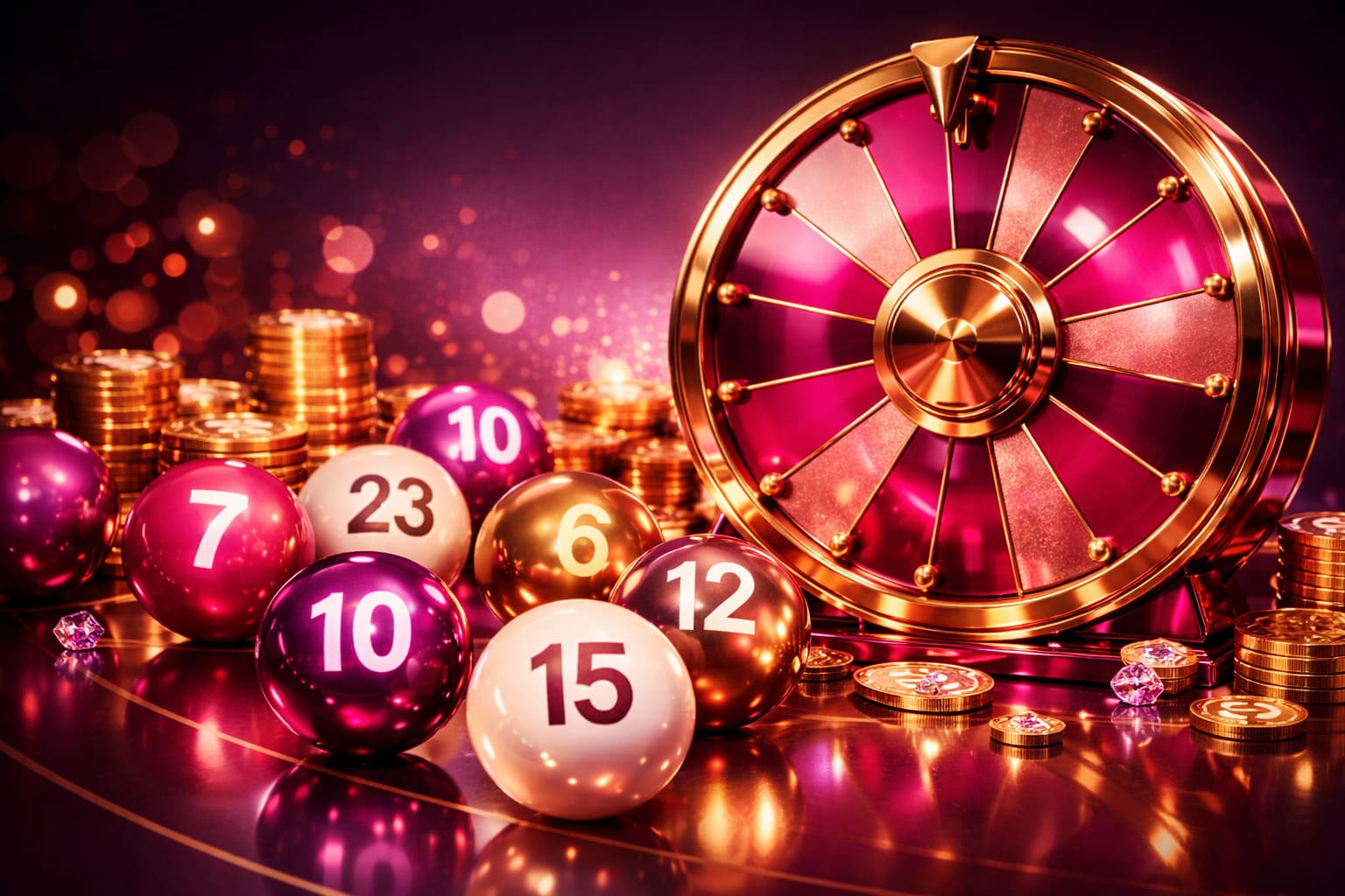 كرات أرقام وجوائز وعجلة سحب في مشهد رئيسي